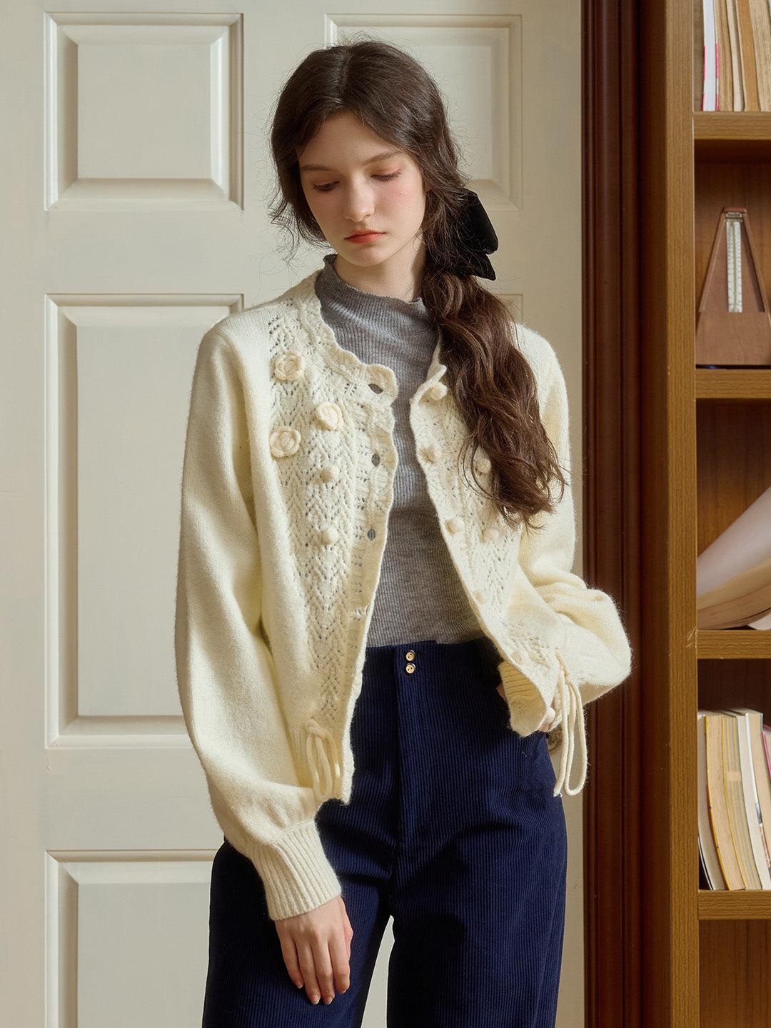 Monica Wave Collar Hollow 3D Crochet Flowers & Pompom Lace-Up Sweater Cardigan - Off White / S