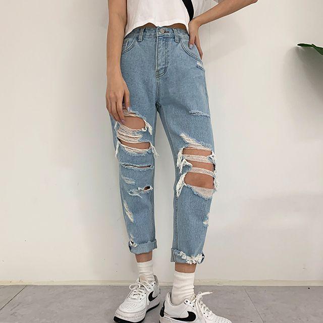 [여름인기템!/당일출고!/40까지/핏좋음!]빅사이즈 30-40 다리보정 찢청 무파진 밴딩 구제 청바지 (305)봄 여름 가을 일자진 데님팬츠 빈티지