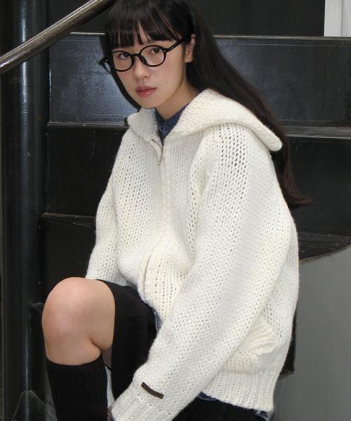 SHAWL COLLAR HANDMADE HEAVY KNIT ZIP UP IVORY
