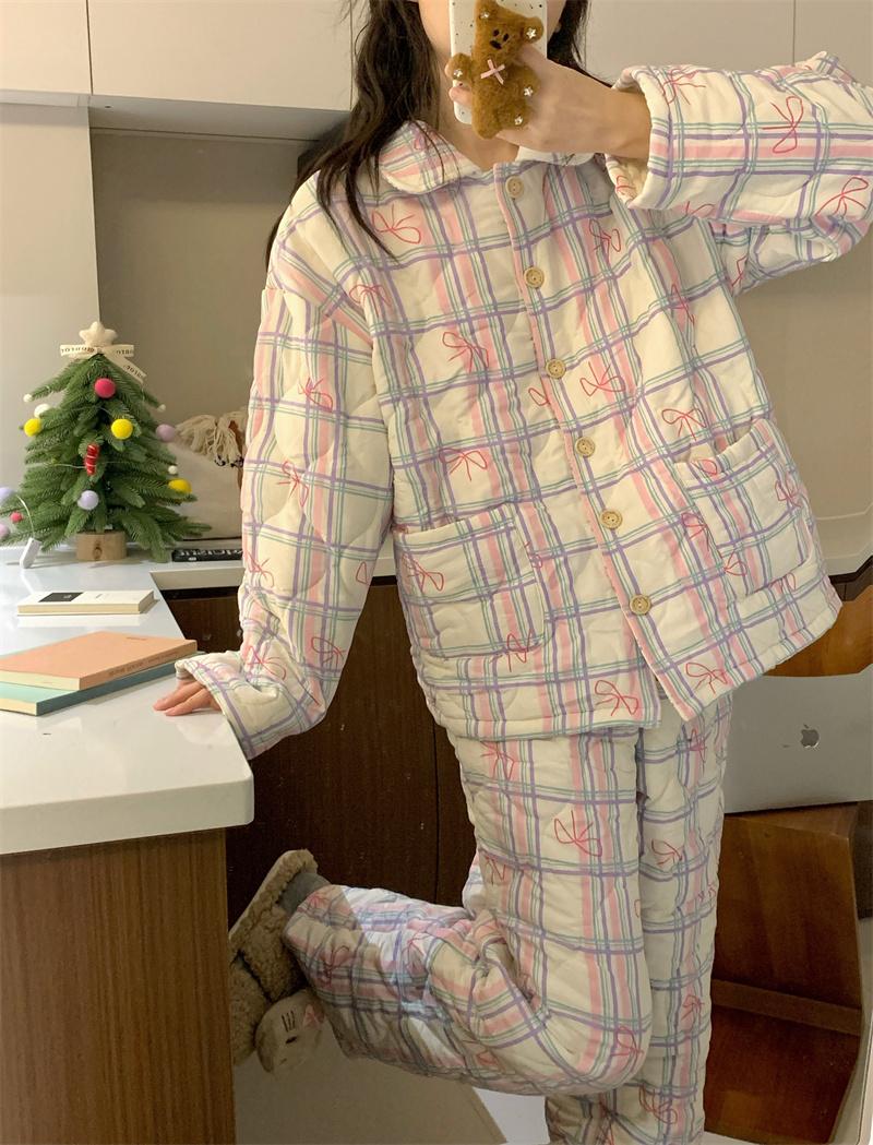 귀여운 체크리본 누빔 잠옷세트 두꺼운 홈웨어