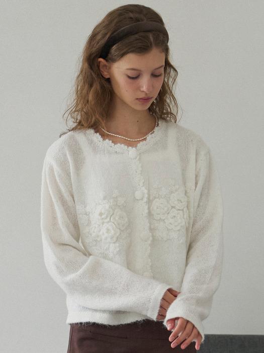 Charlotte Flower Wool Knit Cardigan [Cream]