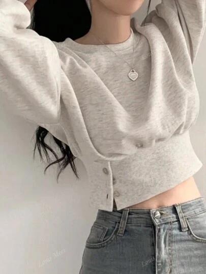 Women's Casual Solid Color Cinched Waist Button Design Lantern Sleeve Sweatshirt, Autumn
