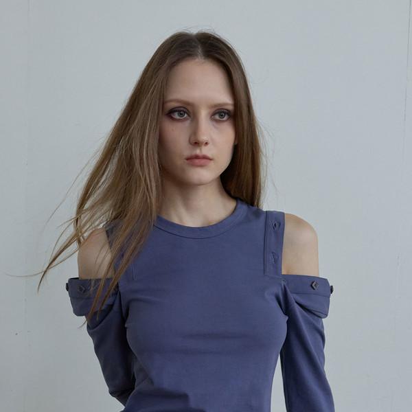 BUTTON CUT-OFF T-SHIRT / purple-navy