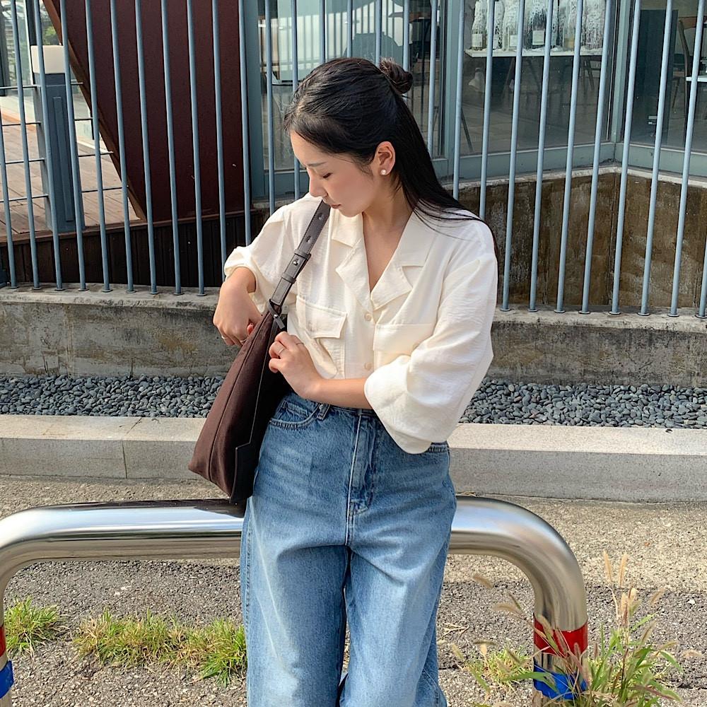 오픈 카라 블라우스 새틴 포켓 가을 셔츠블라우스