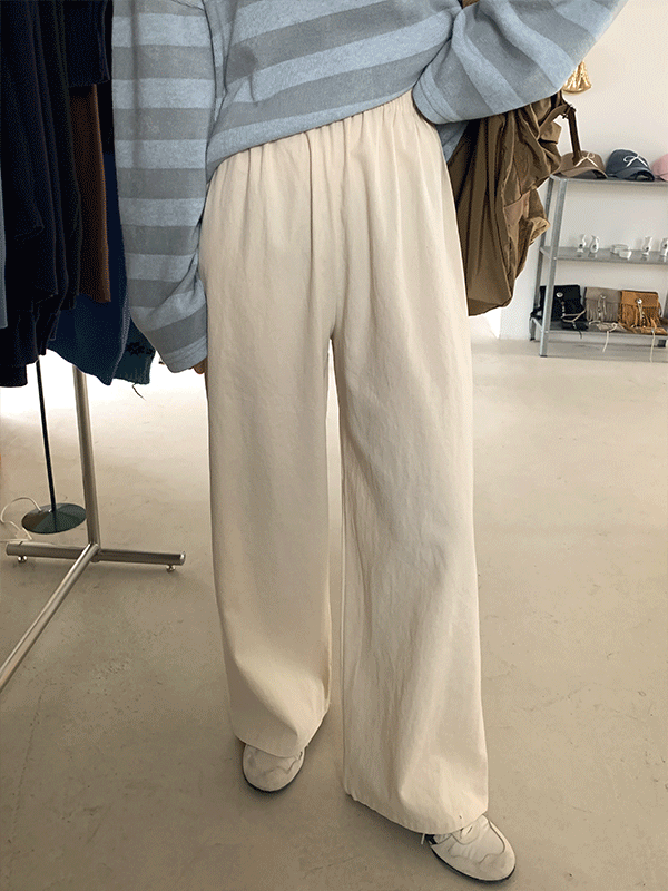 나이니 크로키 베이직 코튼 워싱 밴딩 롱 와이드 팬츠