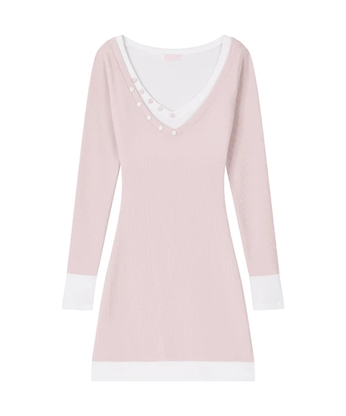 [핑크 당일발송] [MADE] 글로우 레이어드 버튼 미니 원피스