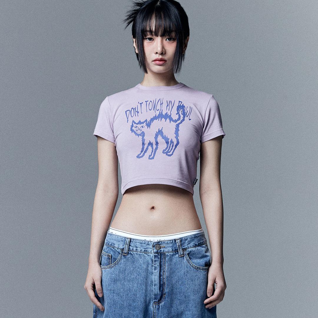W Angry Cat Crop Tee - Purple