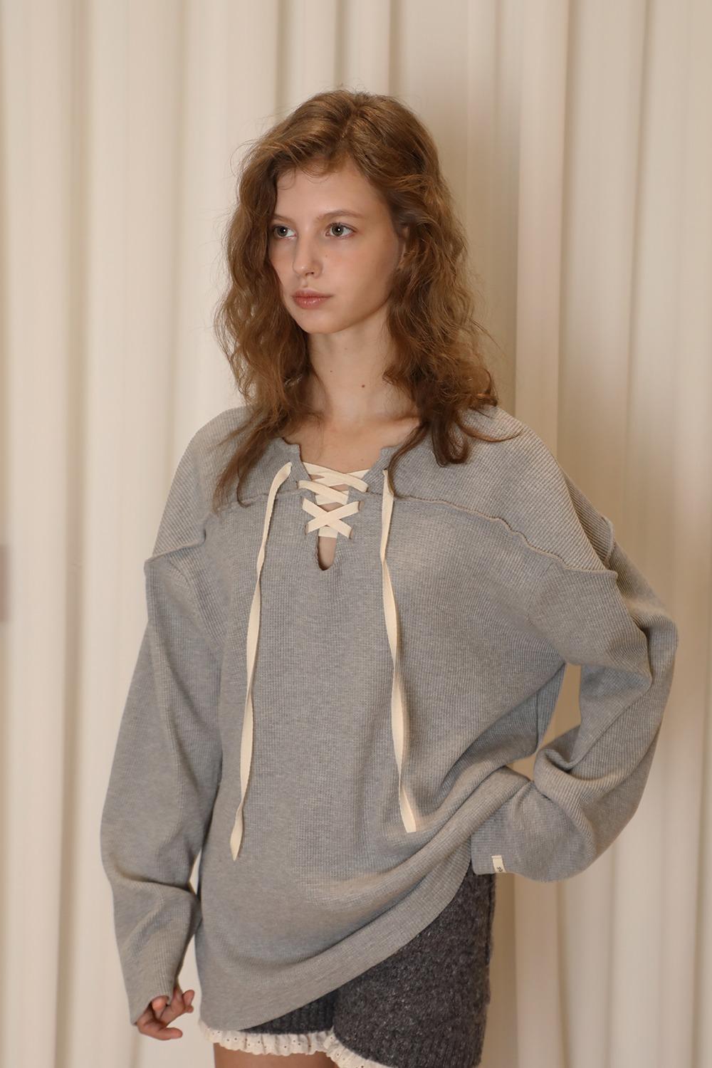 LACE UP WAFFLE SWEATSHIRT_GREY