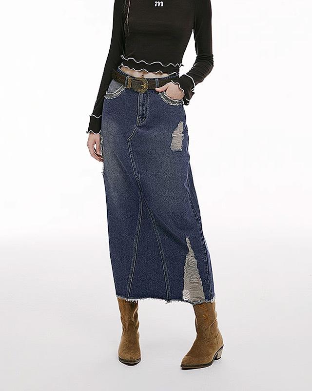 I'MONE 데미지 롱 데님 스커트 (블루)