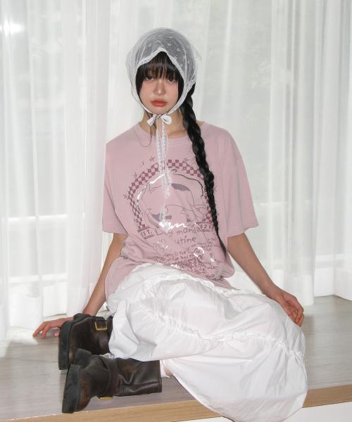 캣 드로잉 오버핏 티셔츠 PINK