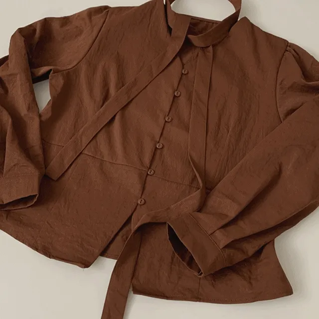 *9월30일입고예정[머플러+블라우스set] 프라하 허리 리본 타이 브이넥 퍼프 블라우스 세트