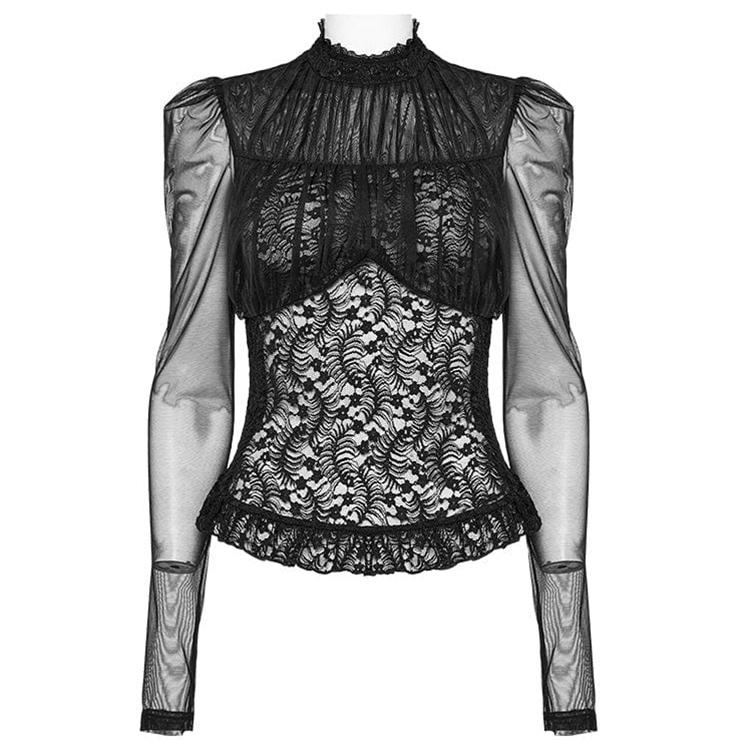 [펑크레이브] PUNK RAVE WT807 고딕 퍼프 하이플라워넥 올메쉬 고스블랙레이스 긴팔 블라우스 (S)