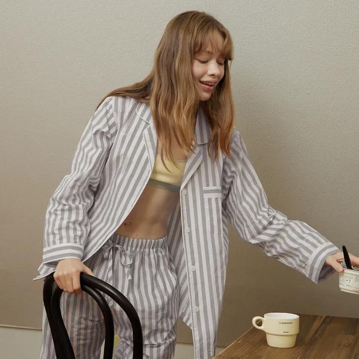 [당일출고][Uni] 그레이 스트라이프 순면 파자마 세트 (롱팬츠)