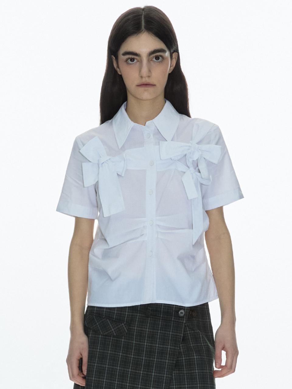 Ribbon Tie Short Sleeve Shirts [White]
