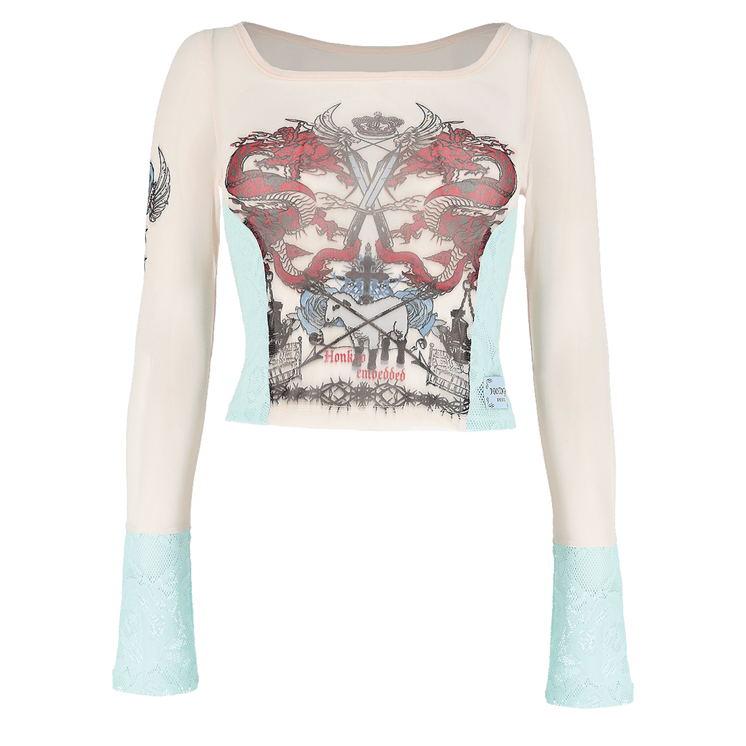 Old Tattoo Printed Mesh T-Shirt