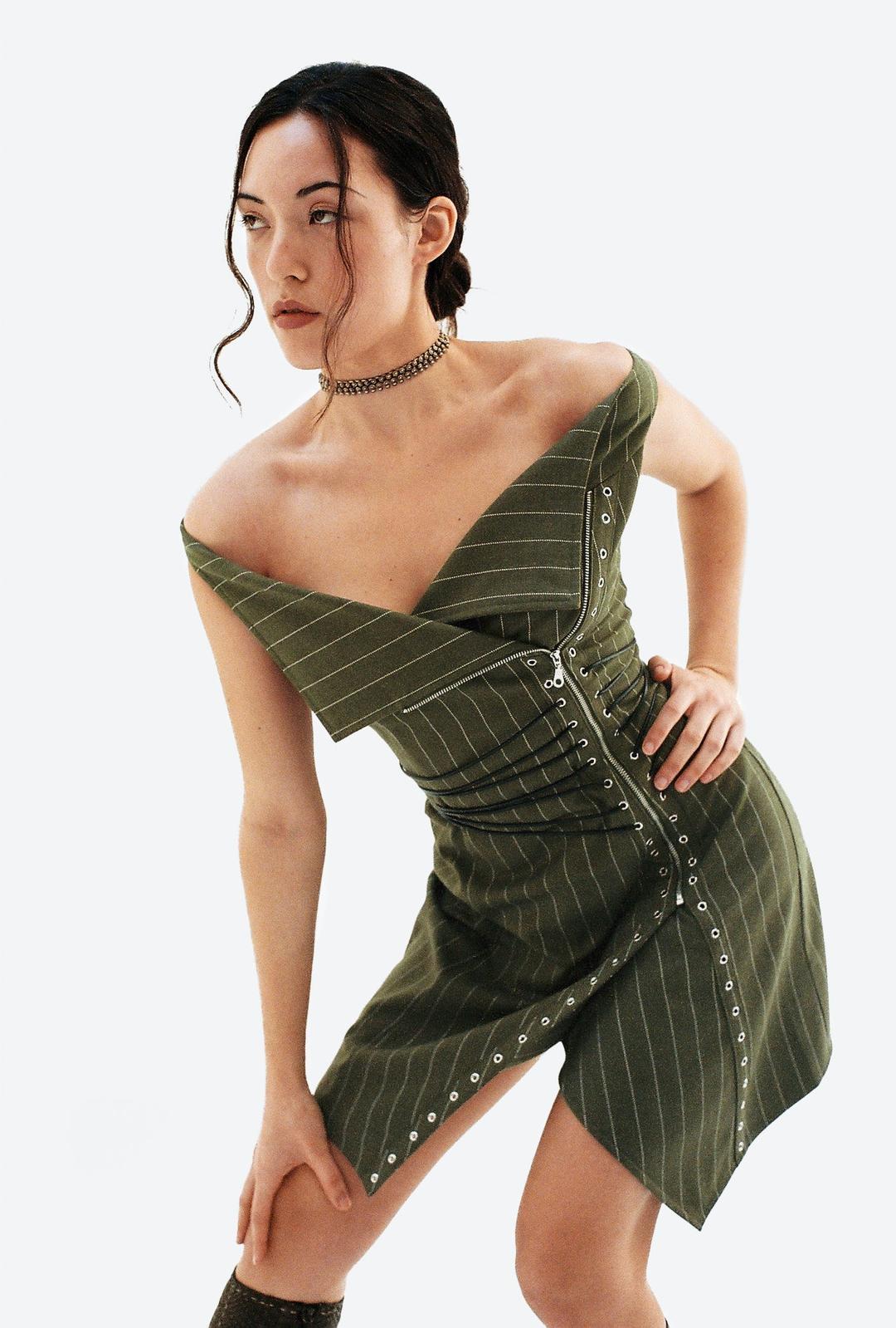 CELESTIAL DRESS - OLIVE PINSTRIPE - OLIVE PINSTRIPE / XL