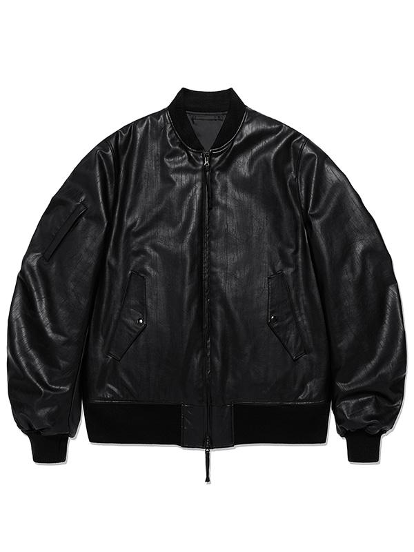 LIGHTWEIGHT VEGAN LEATHER MA-1 JACKET [BLACK]