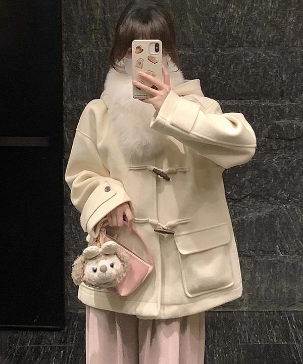 아밀라 후드 더플코트 자켓+퍼 머플러 코디세트SET