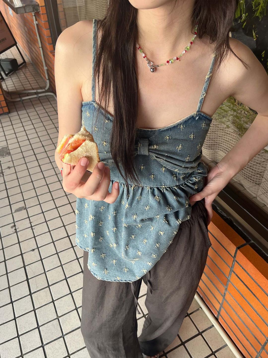 스모크 리본 데님 탑