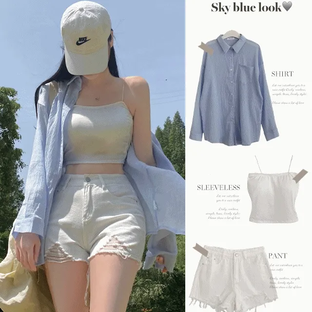[3PS/세트] 여름 롱슬리브 하늘색 오버핏 시스루 셔츠 + 튜브탑 크롭 나시 + 데미지 면 화이트 반바지