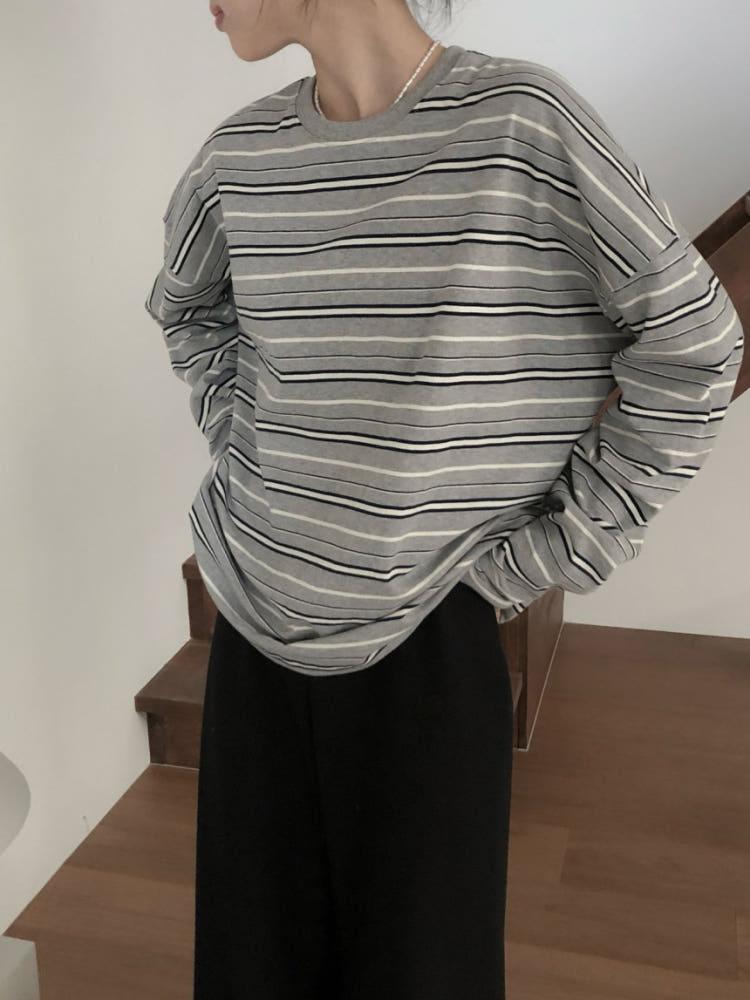 le butter 르버터 오로라 맨투맨 스트라이프 단가라 오버핏 티셔츠mtm