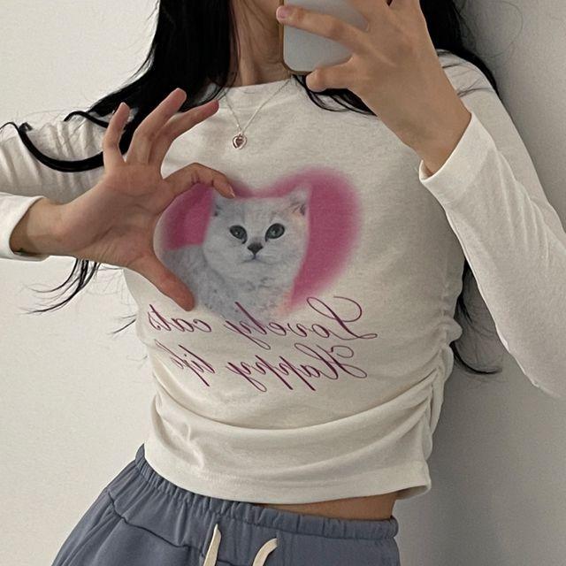 핑크하트 고양이 셔링 티셔츠_리코마켓