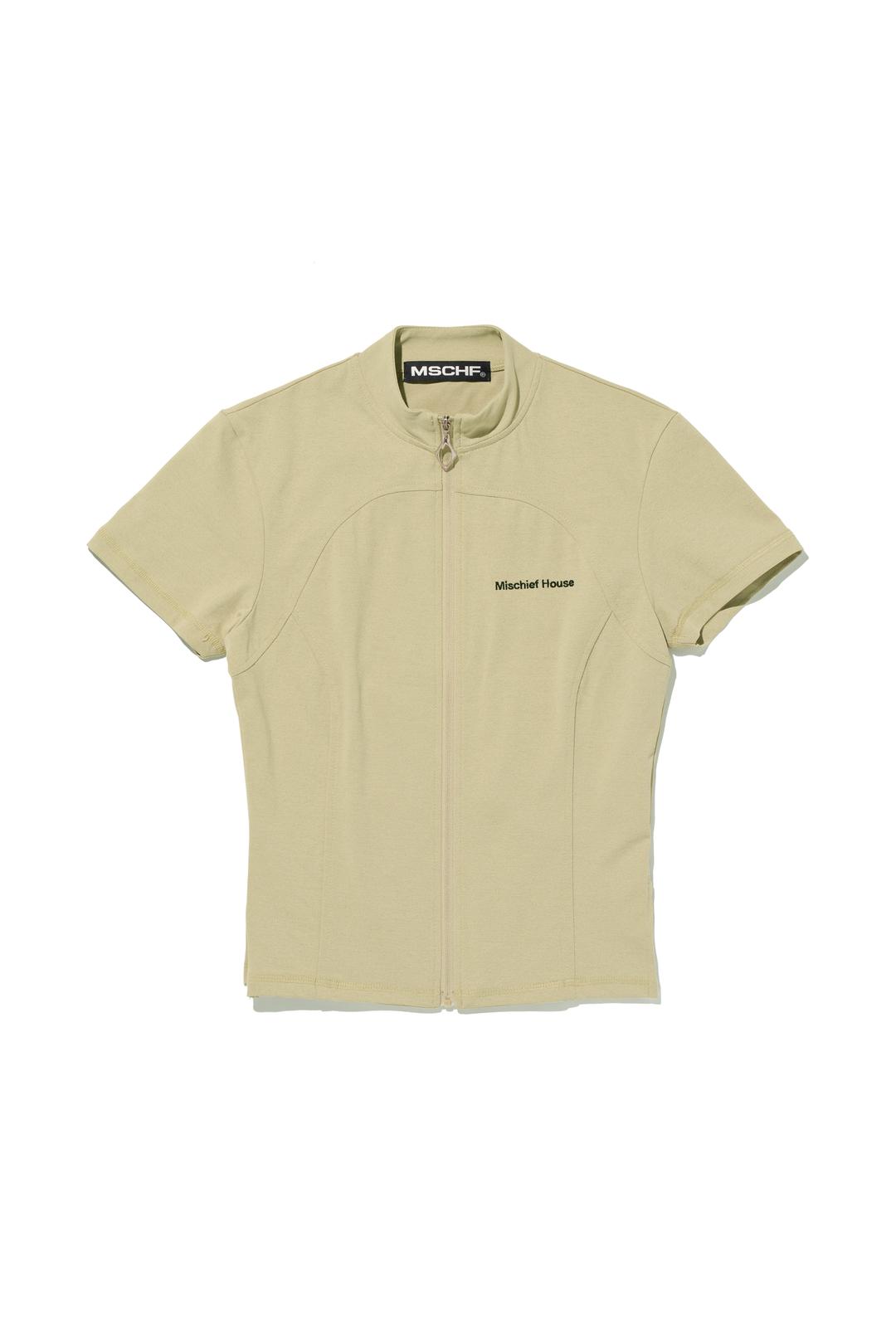 MOCK NECK ZIP UP SHORT SLEEVE_KHAKI BEIGE