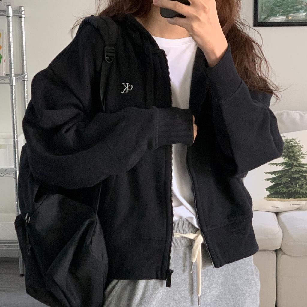 캘빈클라인 여성 루즈핏 미니로고 기모 후드 집업