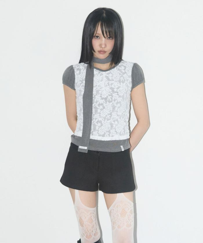 LACE SHIRRING TOP & SCARF (GRAY) F25QB087