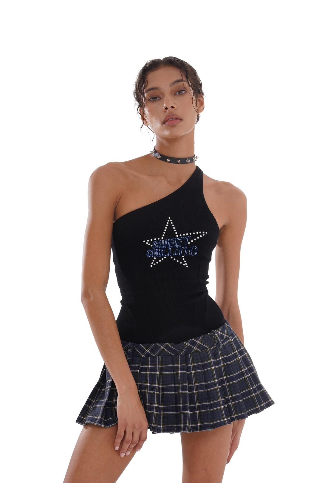 'PUNK STAR' ONE-SHOULDER PLEATED MINI DRESS - XS