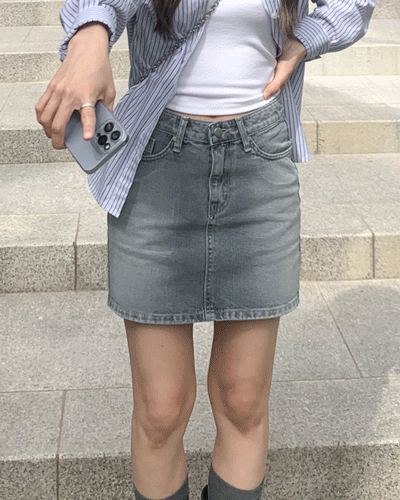 H라인 하이웨스트 그레이 흑청 데님 미니스커트