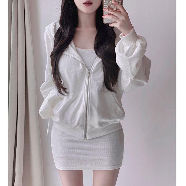 *투피스*[여리여리/꾸안꾸!] 루즈핏 폭닥 여리 후드집업 + 쫀쫀 글램 끈 나시 원피스 투피스 세트_서프트