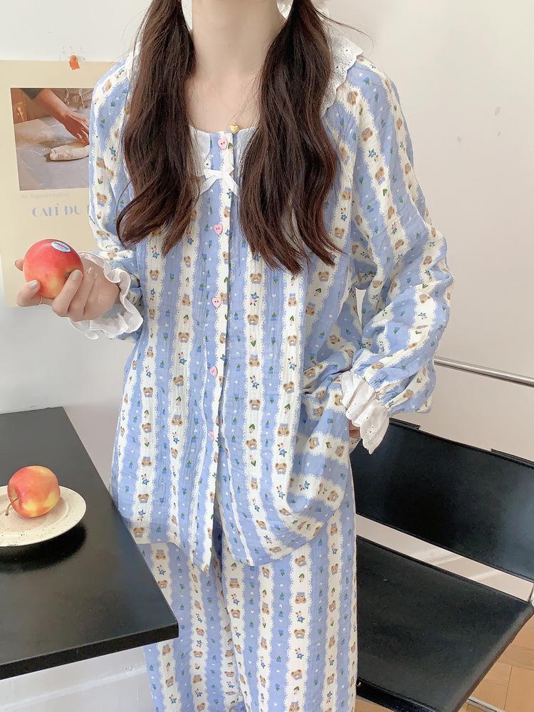 메이크미래프 (긴팔앙증곰돌이잠옷세트) 가을잠옷 캐릭터잠옷 여성파자마 귀여운 단추 2컬러 투피스