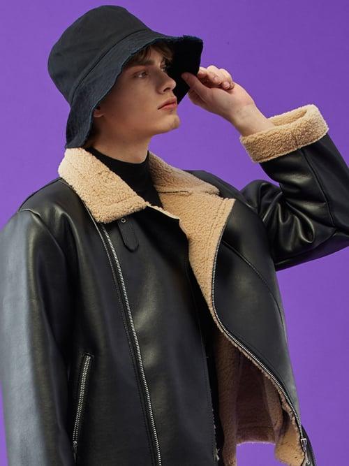 MEN 오버핏 무스탕 플리스 자켓 Black Beige
