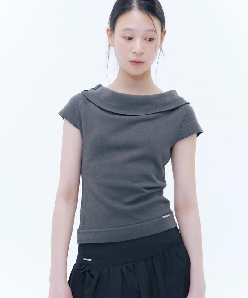 MISEKI SEOUL - Button boat neck knit top CHARCOAL