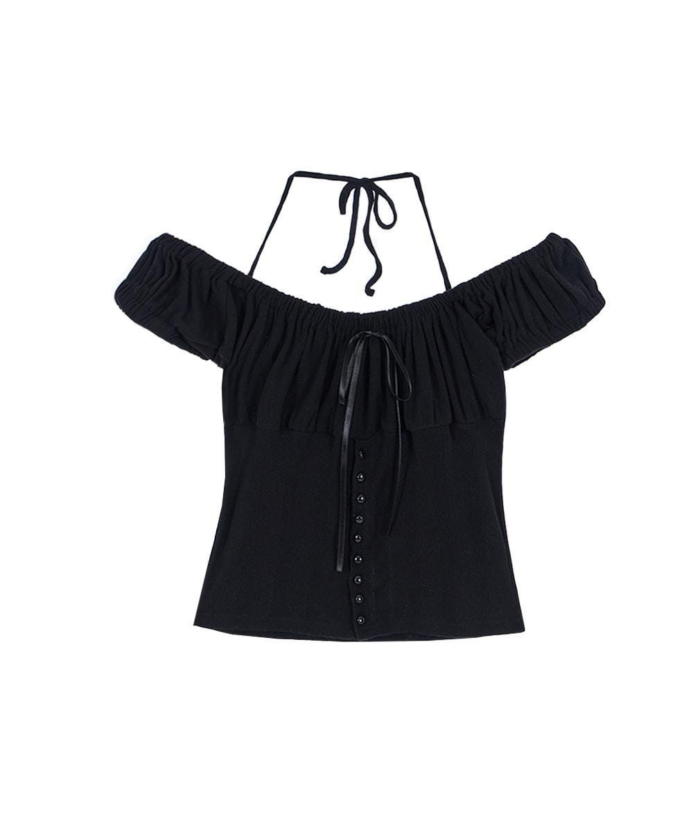 로제프란츠 [6/30 예약발송] Shirring Halter Off Shoulder T-shirt [Black]