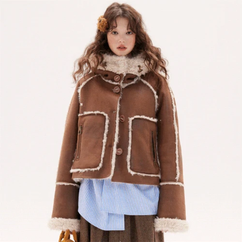 [2색]  유니크 크롭 하프스웨이드 뽀글이퍼자켓