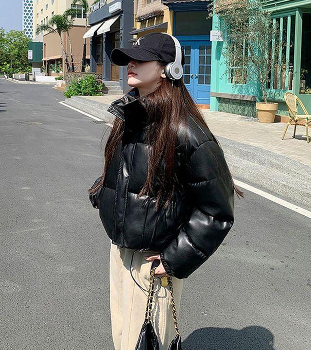 하이넥 크롭 숏 가죽 패딩 (2color)