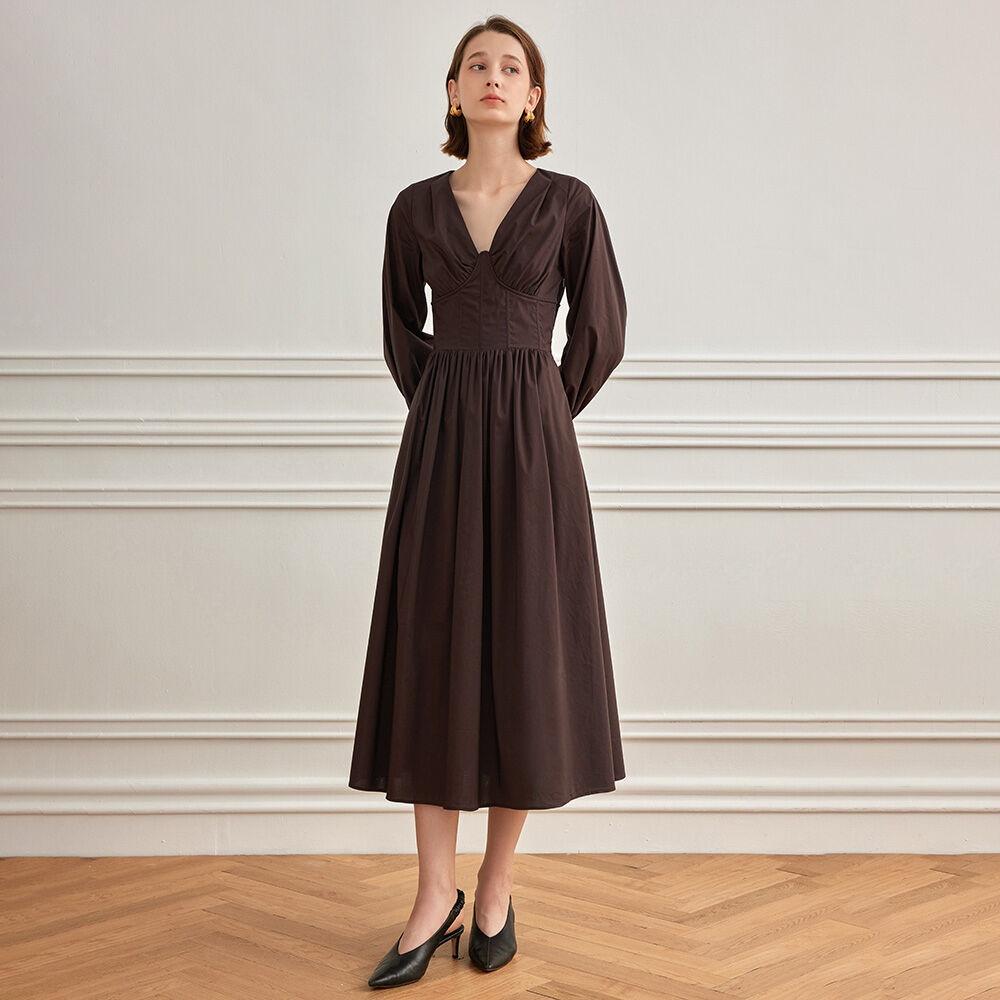YY_Brown V-neck shirt dress