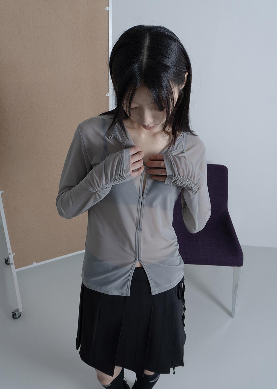 WRINKLE MESH CARDIGAN GREY