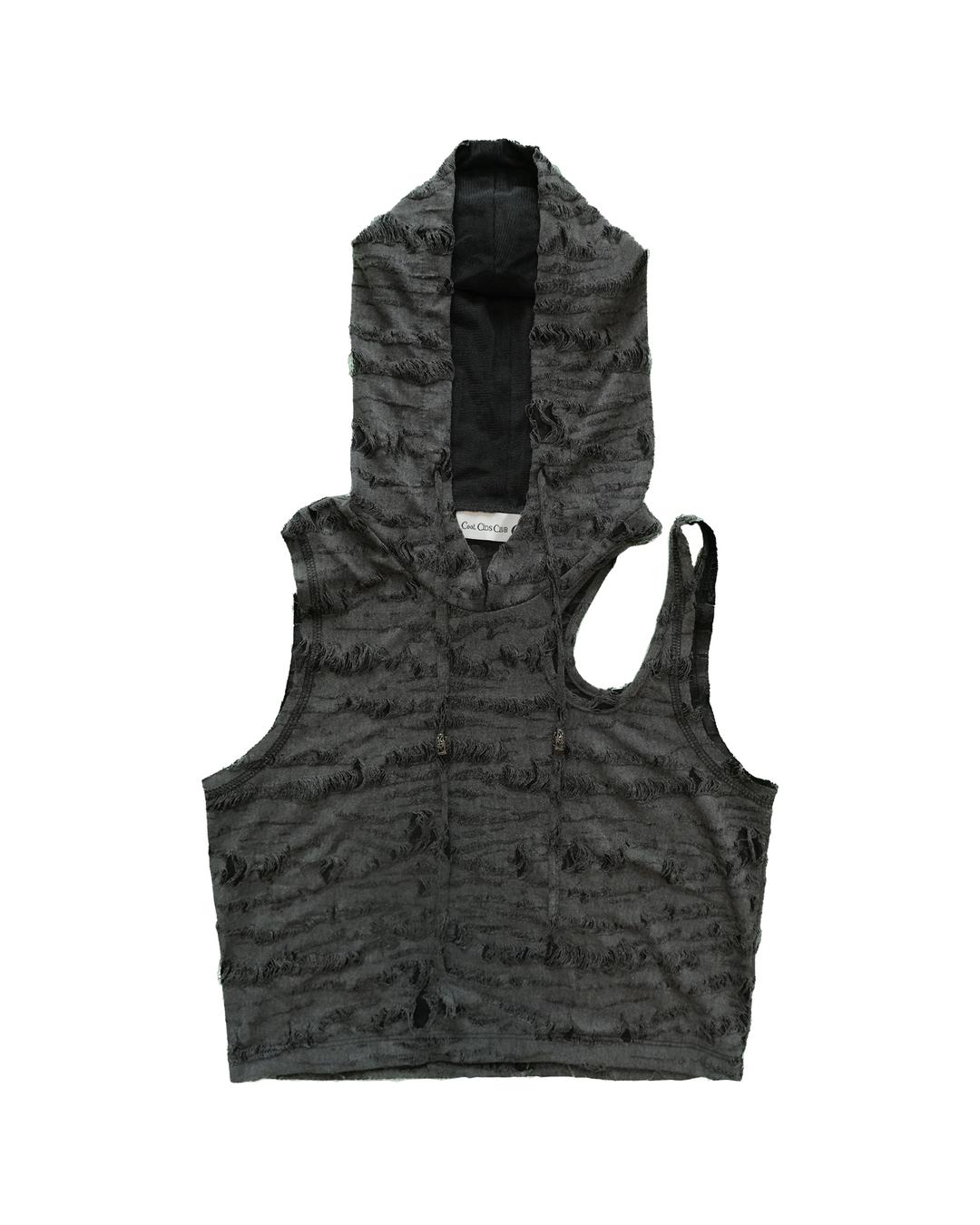A HOODED SLEEVELESS SHIRT ( GREY BLACK )