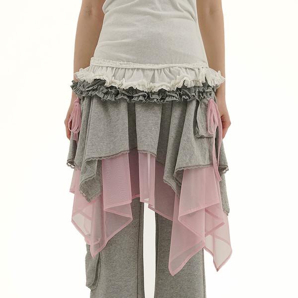 Moromoro layered irregular lace mesh tie bow elastic waist skirt