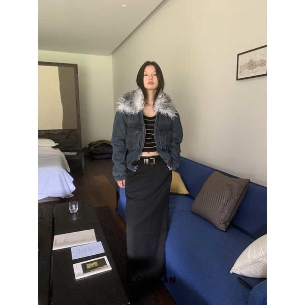 LONSLAN Fur collar and fur lining denim jacket