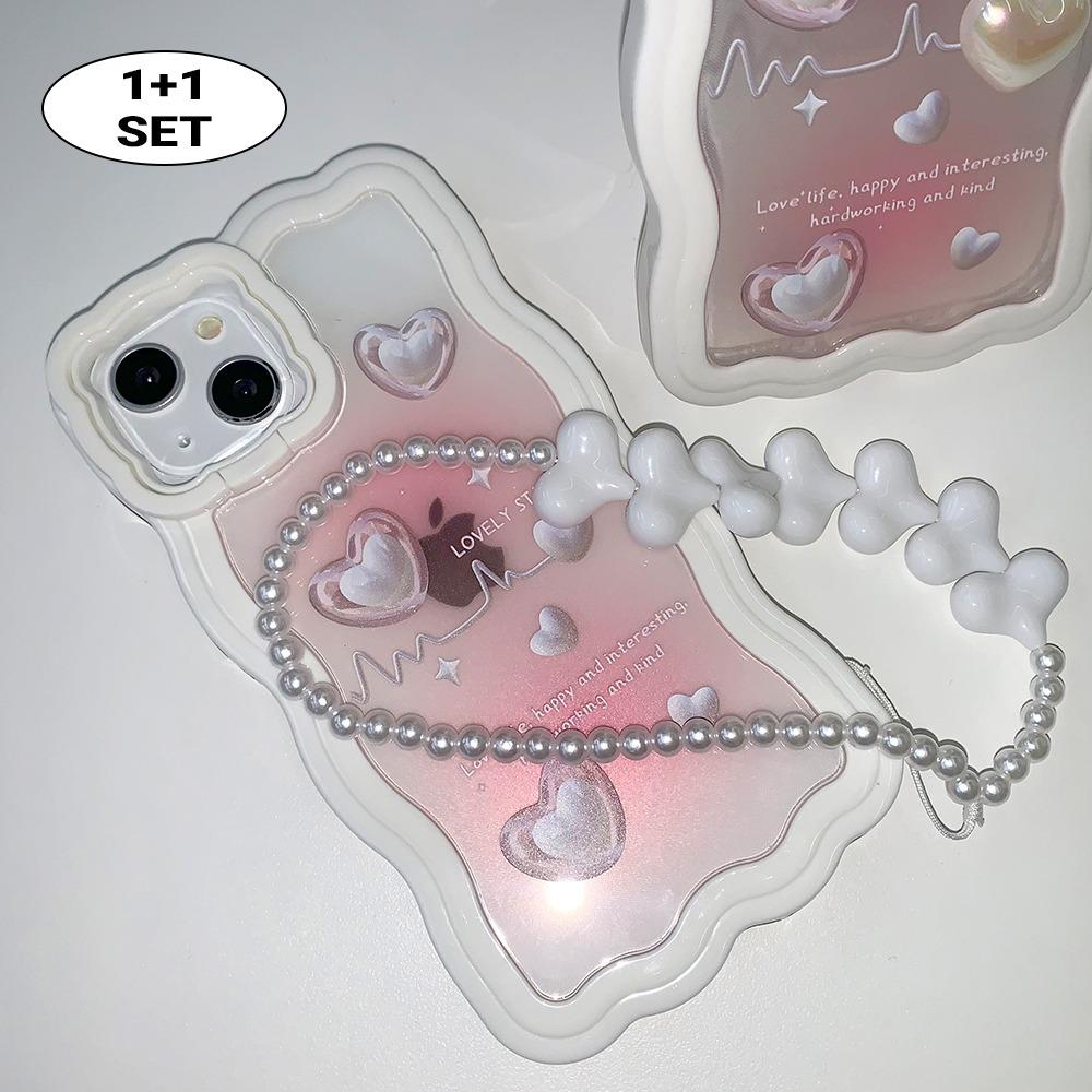 [1+1세트] 로맨틱 블러 하트 물결 프레임 스트랩 세트 아이폰케이스
