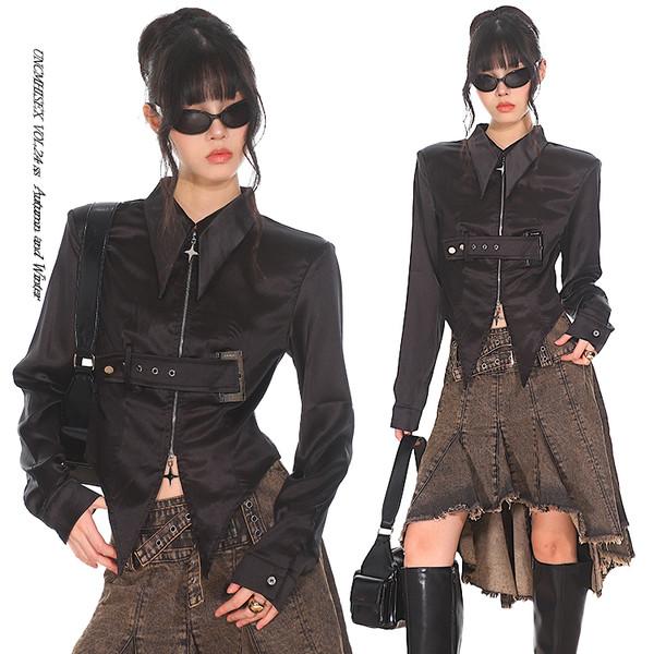 metal button hot girl waist satin shirt