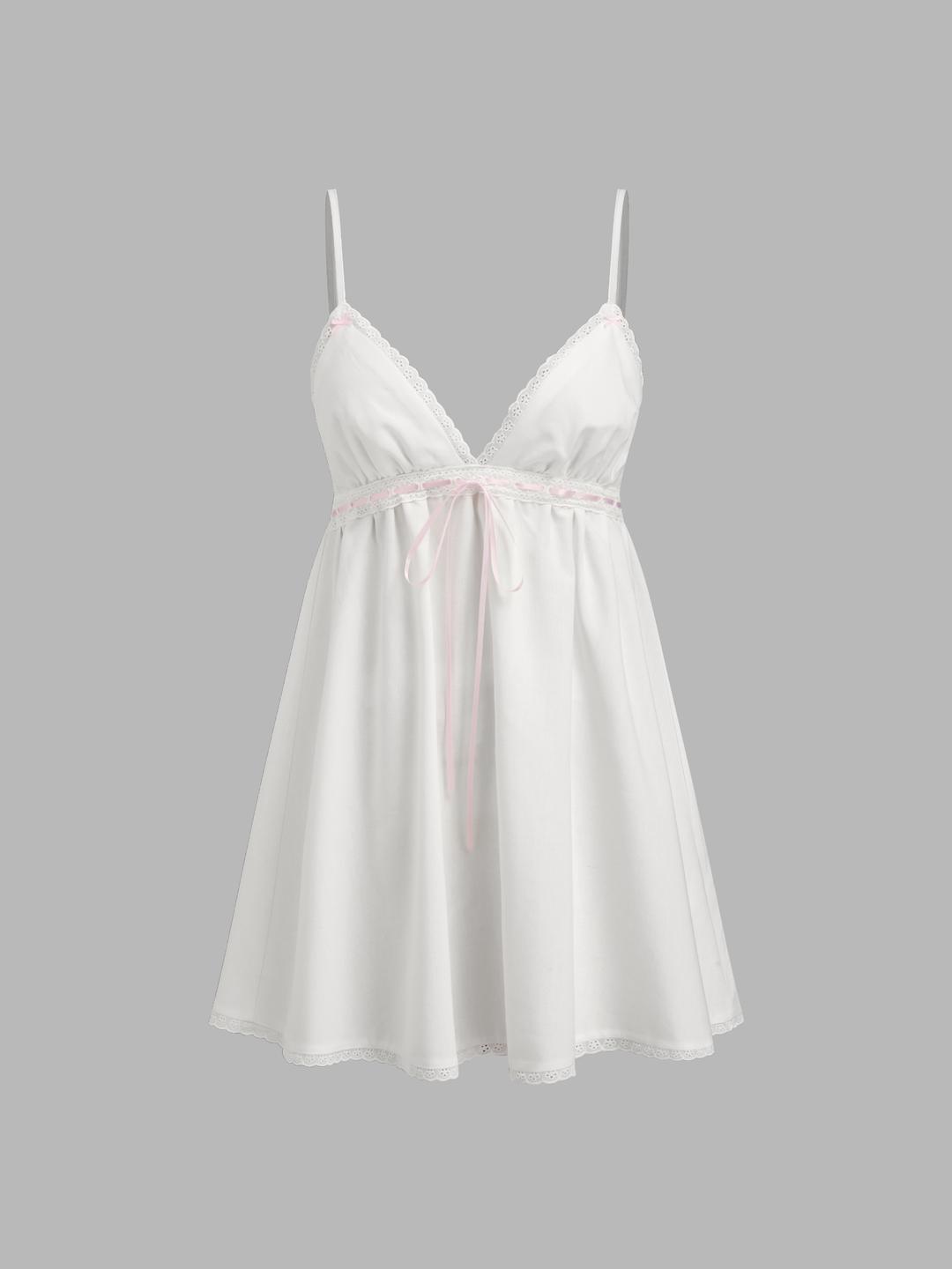Linen-blend V-neck Lace Trim Bowknot Mini Nightdress