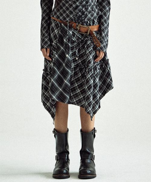 UNBALANCE LAYERED CHECK SKIRT (W) BLACK