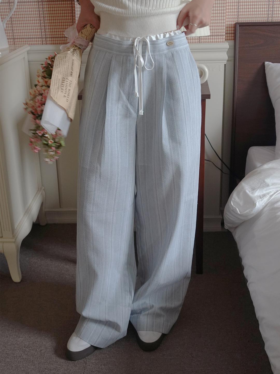 누이어 이븐 스트라이프 핀턱 팬츠 린넨 소재 밴딩 스트랩 팬츠 2color