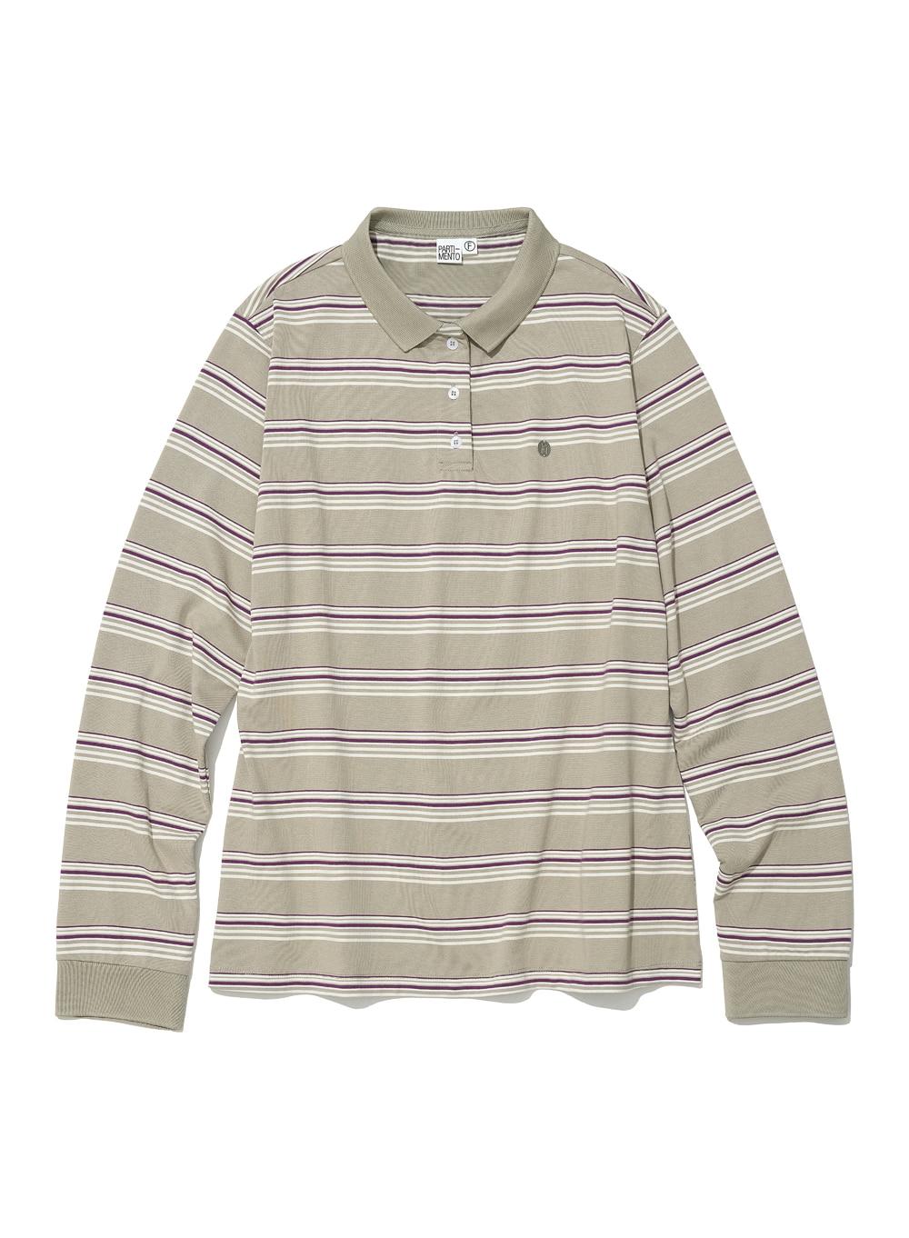 [WOMEN] STRIPE LONG SLEEVE POLO TEE_DUSTY BEIGE