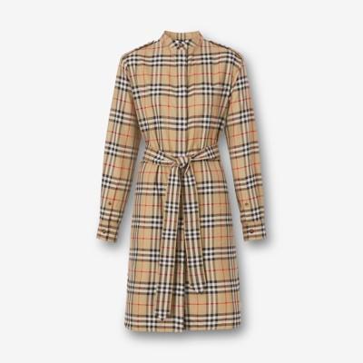 빈티지 체크 코튼 타이 웨이스트 셔츠 드레스 (아카이브 베이지) - 여성 | Burberry®